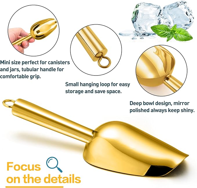 Herogo 3oz Mini ice Scoop Set of 2, Small Stainless Steel Scooper for Candy/Flour/Bean/Pet Food/ Ice Cube, Metal Utility Scoops for Kitchen Bar Party Wedding, Dishwasher Safe & Heavy Duty, Gold