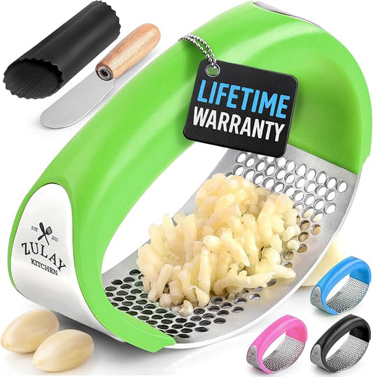 Zulay Kitchen Stainless Steel Garlic Press Rocker Set - Premium Garlic Mincer Garlic Crusher - New Innovative Garlic Crusher with Peeler and Scraper - Comfortable Grip (Green)