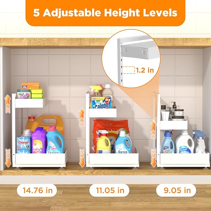 TATAANTY Under Sink Organizer 2 Pack, 2 Tier Metal Under the Sink Storage, Heavy Duty Slide out Pull out Cabinet Organizer, Height Adjustable for Kitchen Bathroom Pantry Closet Organization Rack