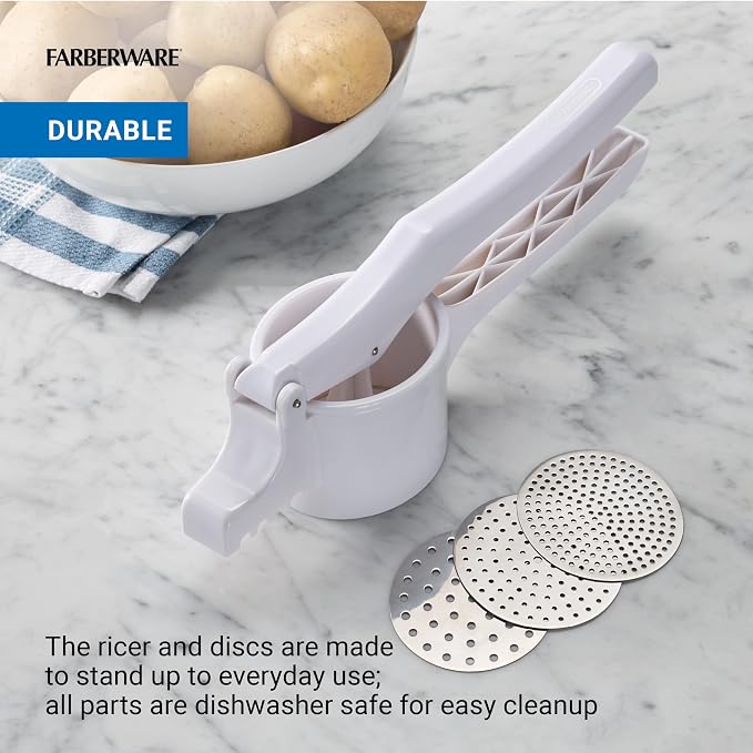 Farberware Professional Potato Ricer with 3 Stainless Steel Discs and Ergonomic Plastic Handle, White - Makes Fluffy Mashed Potatoes, Rices Vegetables and Fruits, Dishwasher Safe, 13.75 Inches