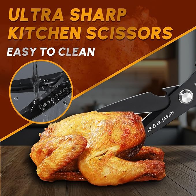 HUUSK Kitchen Scissors Set Black - Stainless Steel Kitchen Shears, Sharp Meat Scissors, Heavy Duty Poultry Shears All Purpose, Japanese Cooking Scissor for Food, Gifts for Men