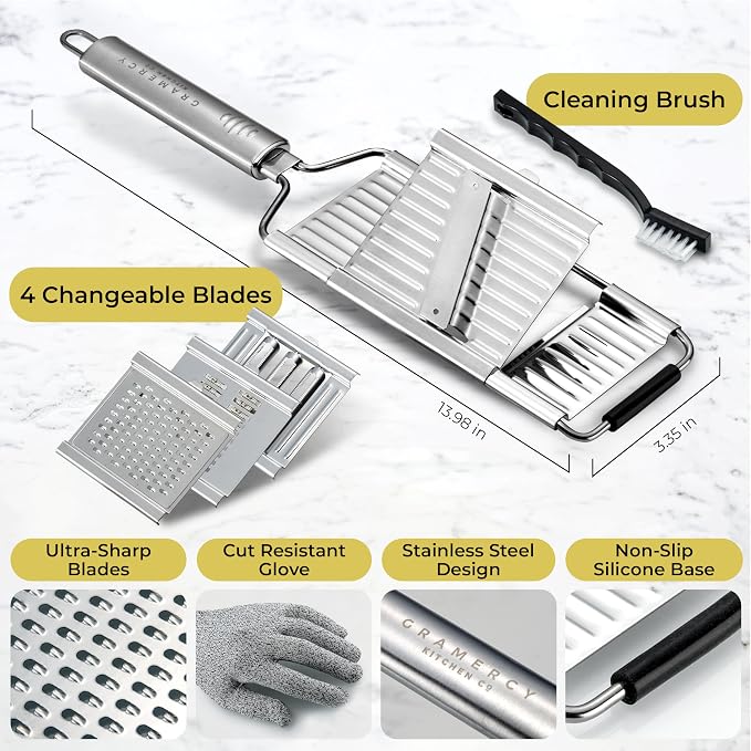 Gramercy Handheld Mandoline Slicer for Kitchen - Stainless Steel Veggie & Fruit Slicer with 4 Blades - Slicer, Julienne & Grater; Cut Resistant Safety Glove & Cleaning Brush Included; Dishwasher Safe