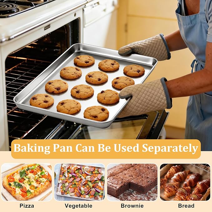 E-far Air Fryer Basket for Oven, Large Stainless Steel Baking Sheet Pan and Crisper Tray with Collapsible Cooling Rack & 38 Skewers for Oven Cooking Air Frying Roasting Grilling, Dishwasher Safe