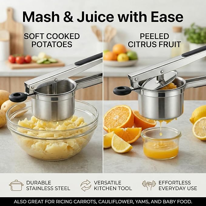 Potato Ricer Stainless Steel, Heavy Duty Ricer for Mashed Potatoes with 3 Discs, Potato Press with Ergonomic Non Slip Handles, Mashed Potato Masher for Vegetables, Fruit, Baby Food