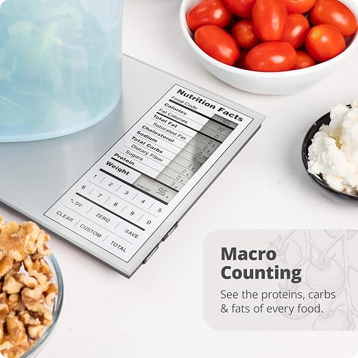 Greater Goods Perfect Portions Nutrition Food Scale for Carb Counting, Grey | Plan meals & size every portion with instant nutrition facts on 2,000 foods, custom recipe codes, daily totals, 11lb capacity