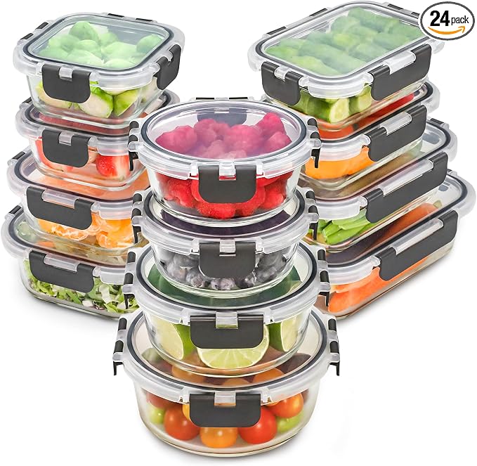 Freshware Glass Storage Containers with Lids, 24 Pieces, 12 Containers with 12 Lids, Glass Meal Prep Container for Lunch, Food Storage Containers, Leak Proof, Freezer Safe, Gray
