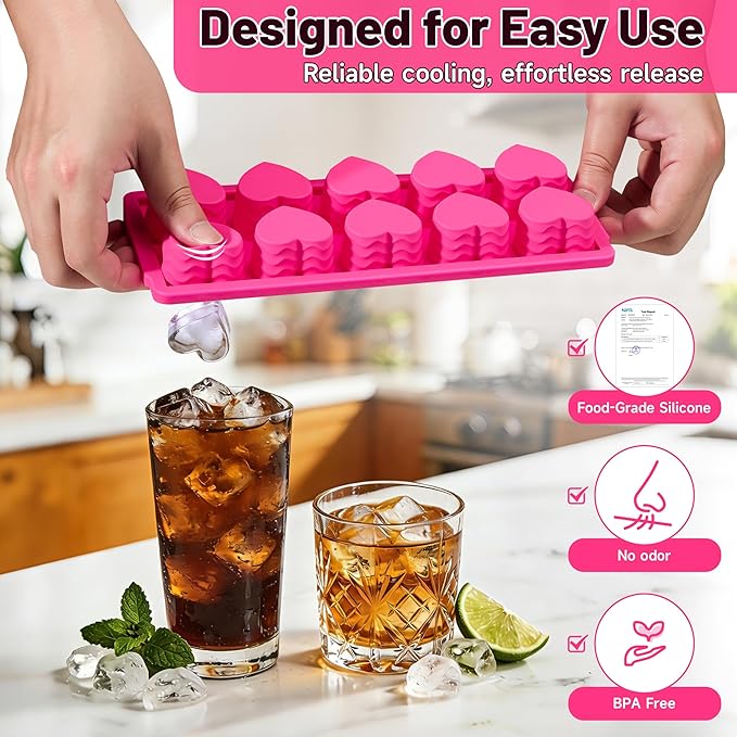Ice Cube Tray with Lid – 3 Pack 2 Tbsp Ice Trays for Freezer, Stackable, BPA-Free, Easy Release Large Ice Cube Molds for Chocolate, Cocktails, Iced Coffee, Whiskey & Juice (10-heart cube,rose red)