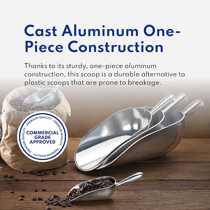 New Star Foodservice 34523 One-Piece Cast Aluminum Round Bottom Bar Ice Flour Utility Scoop, 12-Ounce, Silver