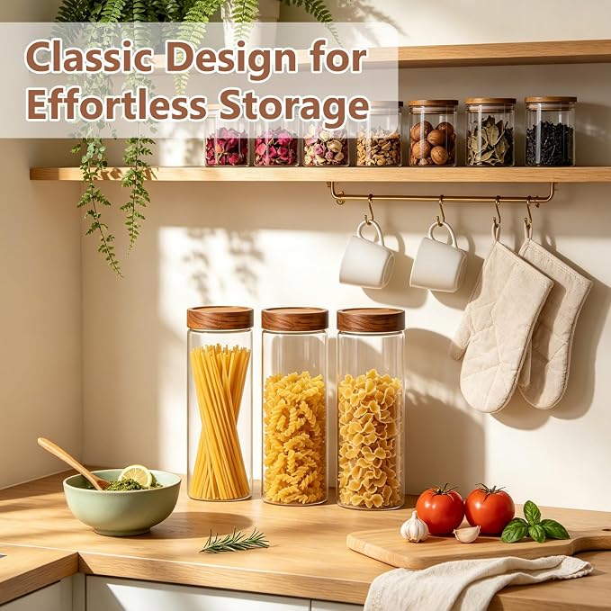 KEYWING 64oz Pasta Storage Containers with Lids, Glass Spaghetti Containers | 3Pcs 11.4” Tall Food Storage Jars with Airtight Acacia Wood Lid, Pantry Organizers for Cereal, Bread-sticks, with 126 Labels
