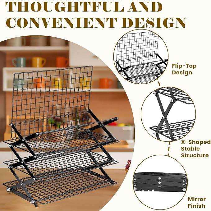 BEWOS 4 Tier Collapsible Cooling Rack - Adjustable Black Stainless Steel Baking Rack with Mesh Leak Proof, Foldable X-Shaped Structure Cooling Racks for Cooking and Baking, Dishwasher Safe