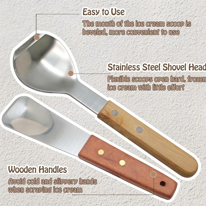 2 Pack Ice Cream Spade Set, Stainless Steel Ice Cream Scoop with Wooden Handle Butter Cutter Cake Scraper Essential Kitchen Tool