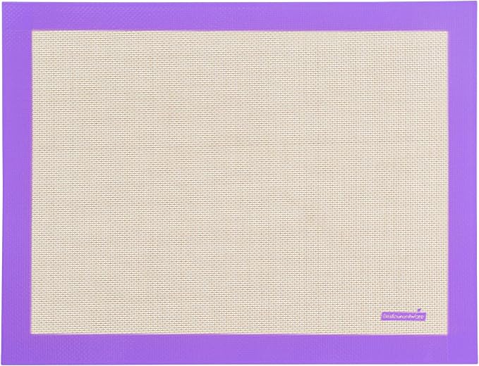 Restaurantware Half Size Baking Mat 1 Heat-Resistant Cooking Mat - Allergen-Safe Reusable And Ultra-Durable Tan And Purple Silicone Nonstick Mat For Pans And Rolling 11.8 x 15.75 Inch