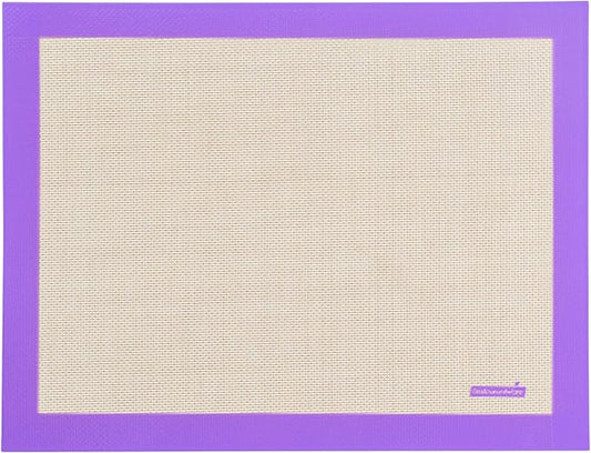 Restaurantware Half Size Baking Mat 1 Heat-Resistant Cooking Mat - Allergen-Safe Reusable And Ultra-Durable Tan And Purple Silicone Nonstick Mat For Pans And Rolling 11.8 x 15.75 Inch
