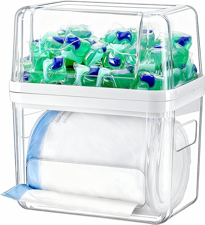 iCASA Trash Bag Dispenser Dishwasher Pods Container Under Sink Organizer | 3 in 1 Stackable Trash Bag Holder Garbage Bag Dispenser for 13/30/33 Gallon Bags, Clear Storage Bins Laundry Pods Container