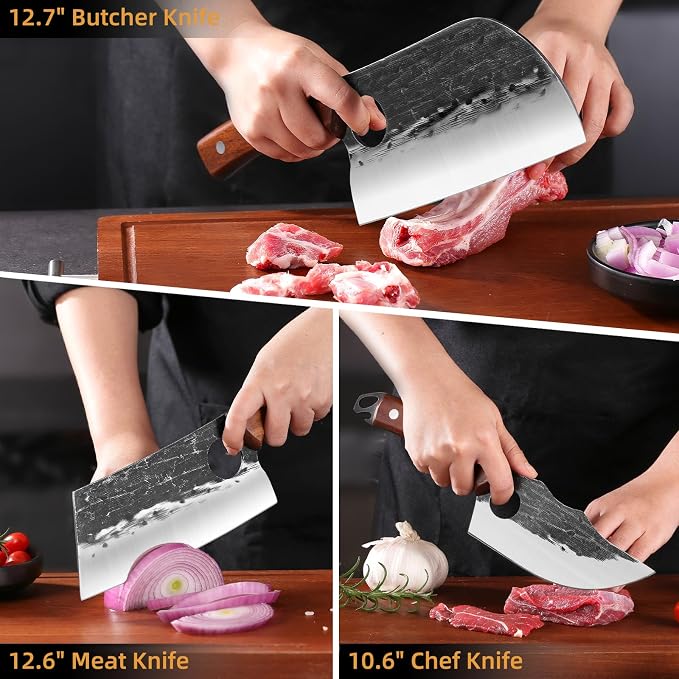3 PCS Hand Forged Chef Knife Set, Meat Cleaver & Boning Knife | Includes Meat Cleaver & Viking Boning Knife, Ideal for Meat Cutting, Kitchen, BBQ & Camping