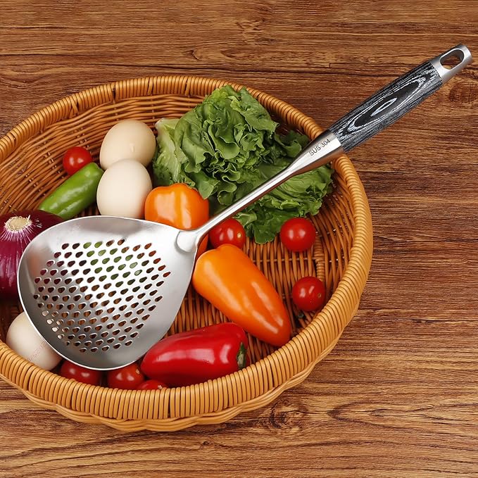 Skimmer Slotted Spoon, 304 Stainless Steel Spider Strainer Skimmer Ladle Spoon for Cooking and Frying, Pasta, Spaghetti, 4.3 inch, Dishwasher safe