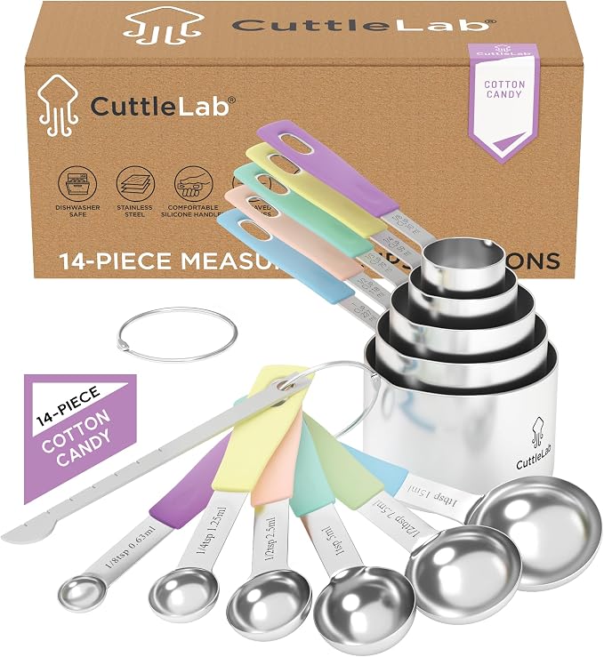 CuttleLab Measuring Cups and Measuring Spoons Set of 14 - Stainless Steel Measuring Cups and Spoons Set, Includes 1/8 Teaspoon Measuring Spoon, 1/8 Cup Measuring Cup, Leveler Dry (14,Cotton Candy)