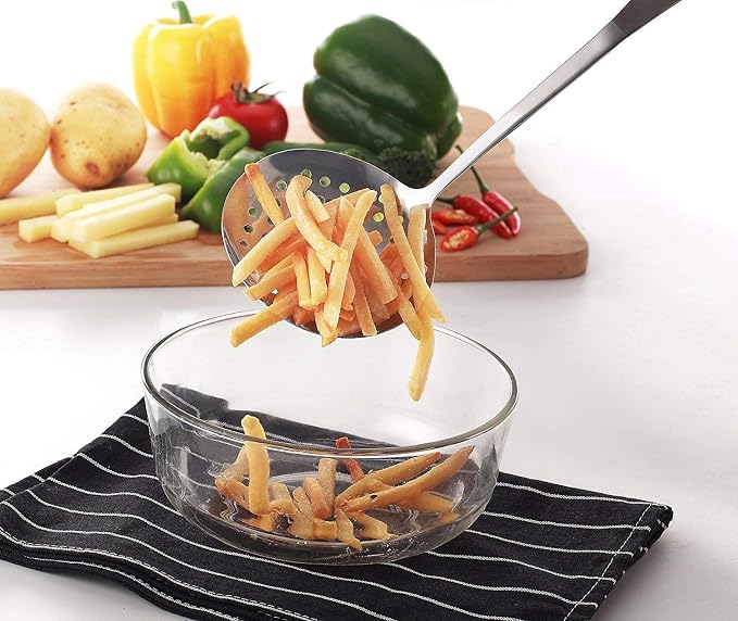 Skimmer Spoon/Strainer Ladle - Stainless Steel - with Sanding Handle - perforated style for Kitchen Food (13-in)