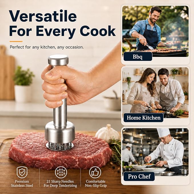 Meat Tenderizer Tool, Stainless Steel Needle Meat Tenderizer with 21 Needles, Kitchen Tenderizing Tool for Steak, Chicken, Pork, Beef, Dishwasher Safe
