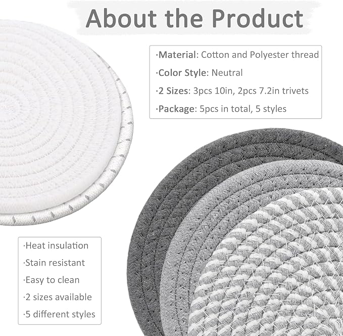 5Pcs 10in and 7in Trivet Mats Set for Hot Dishes, Cotton Heat Resistant Hot Pads Set for Kitchen Counter, Table (5 Pack)