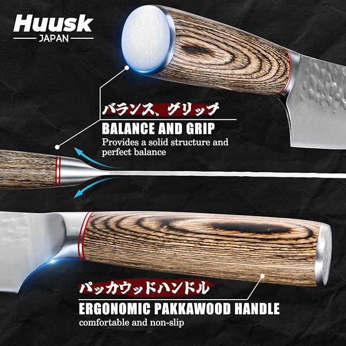 Huusk Japanese Kitchen Knife Set of 3, Professional Chef Knives Set for Kitchen, Hand Forged Butcher Knife Set for Meat Cutting, Meat Cleaver Boning Knife with Pakkawood Handle, Gift Idea for Men