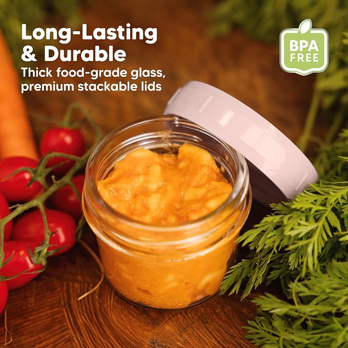 KeaBabies 12pk 4oz Glass Baby Food Containers with Lids, Leak-Proof (Roseate) | Microwavable Small Glass Jars, Baby Purees, Toddler Snack Storage Containers, BPA-Free, Dishwasher-safe, Freezer Safe