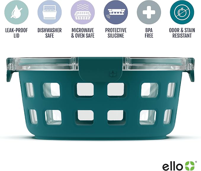 Ello Duraglass 7 Cup Glass Meal Prep Container with Lid, Teal | 7 cup glass meal prep container with silicone sleeve, leakproof BPA-free lid, microwave, freezer and dishwasher safe