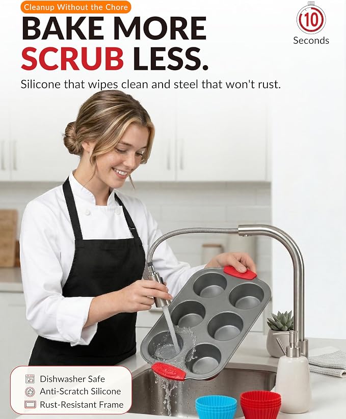 Non-Stick Steel 6 Cup Muffin Pan with Silicone Handles and Reusable Liners - Perfect for Baking Large Muffins and Cupcakes