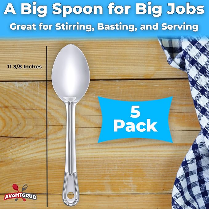 Super Strong, Ergonomic 11 in Serving Spoon 5 Pk. Big, Solid Stainless Steel Spoons for Cooking, Baking and Basting. Best Kitchen Flatware for Buffet and Banquet Service in Restaurants and Homes