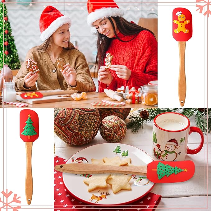 Patelai 16 Pieces Christmas Silicone Spatula Set Kitchen Christmas Spatula Set Santa Claus Snowman Gingerbread Spatula Christmas Cake Decorating Spatula with Handle for Baking Cooking (Wooden)