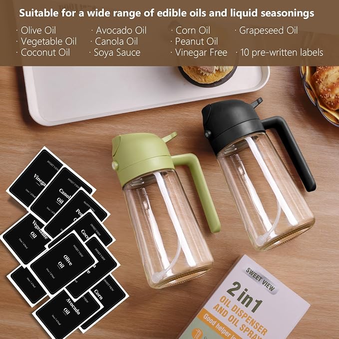 SWEET VIEW 16oz/470ml Oil Dispenser and Oil Sprayer, Glass Olive Oil Pourer for Kitchen, Air Fryer, Cooking, Salad, BBQ(Green)