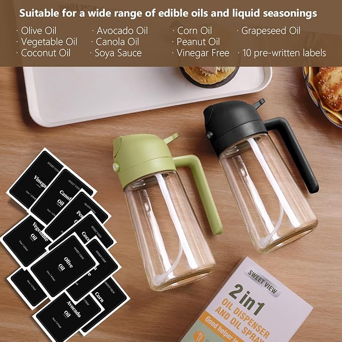 SWEET VIEW Oil Sprayer for Cooking, 16oz/470ml Glass Oil Dispenser/Pour Bottle, Kitchen Accessories, Kitchen Gadgets for Air Fryer, Salad, BBQ, with Stickers (White)