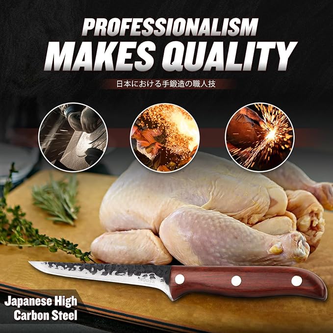 Huusk Boning Knife for Meat Cutting Deboning Butchering,Japanese Fillet Knives with Sheath,Brisket Trimming Knife,Full Tang Hand Forged Camping BBQ 5 Inch Gift for Dad