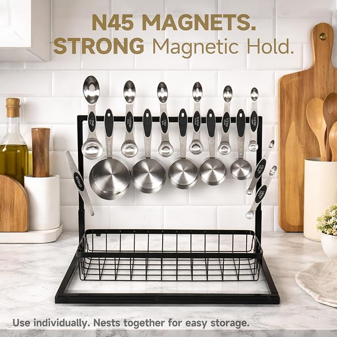 Magnetic Measuring Cups and Spoons Set, Stainless Steel, 14 Pcs | Food-grade 304 construction, strong N45 magnets, double-sided spoons, leveler included, for baking and cooking