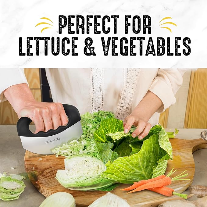 Checkered Chef Salad Chopper Tool with Cover | Mezzaluna Knife, Stainless Steel, Vegetable Rocker, Mincer, Cutter