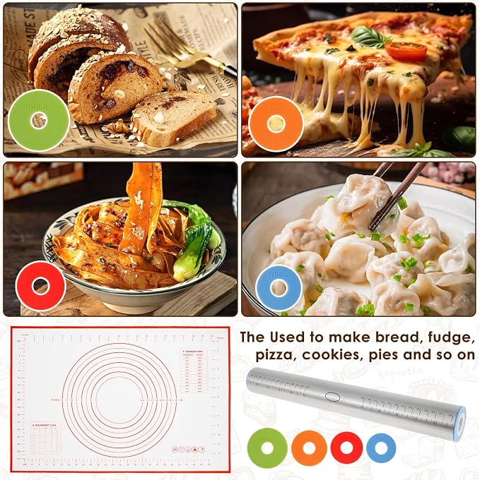 Rolling Pin and Silicone Baking Pastry Mat Set Stainless Steel Dough Roller with Adjustable Thickness Rings Nonstick Dough Roller Pin for Fondant Pizza Pie Cookies (1PC)