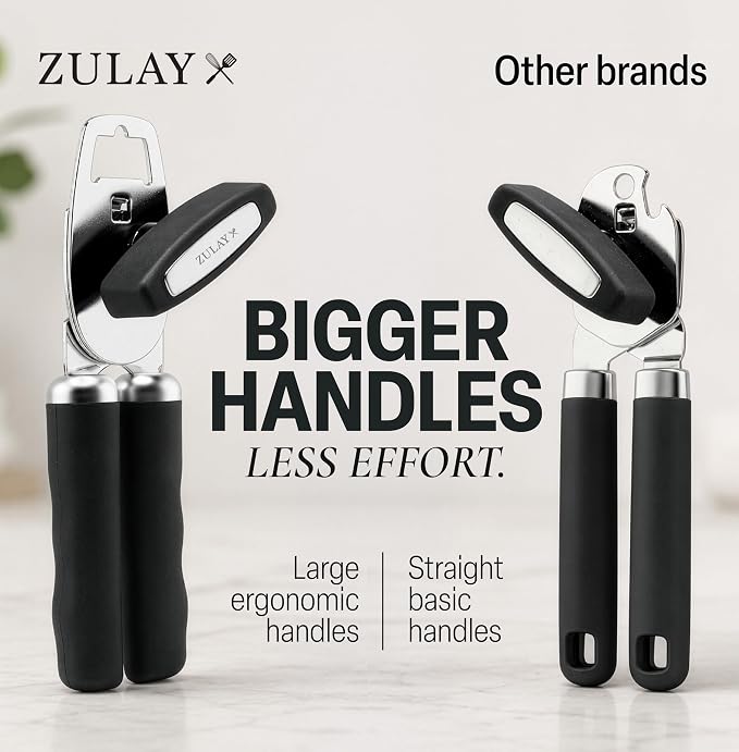Zulay Kitchen Heavy Duty Stainless Steel Can Opener Manual with Bottle Opener - Rust Proof Manual Can Opener With Turn Knob & Comfy Soft Grip Handles - Black