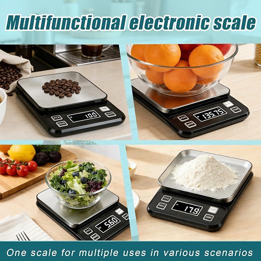Digital Food Scale 11lb/5kg, Waterproof Kitchen Scale, Tare Function and 2 Power Options with Batteries, Stainless Steel Gram Scale for Cooking and Baking