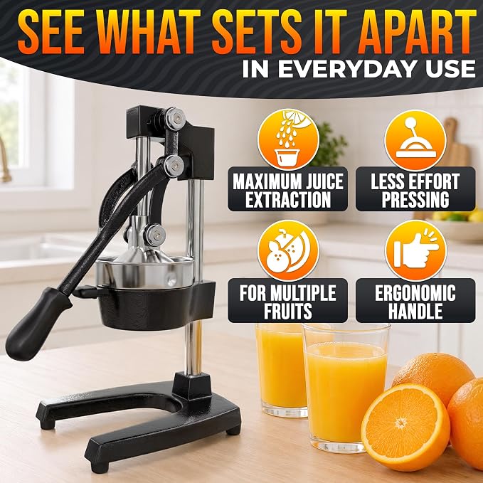 Cast Iron Manual Juicer, Heavy-Duty Squeezer – One Pull Extracts Full Juice with No Electricity – Manual Citrus Press Juicer & Orange Squeezer for Lemon, Lime, and Lemonade at Home or Bar (Black)