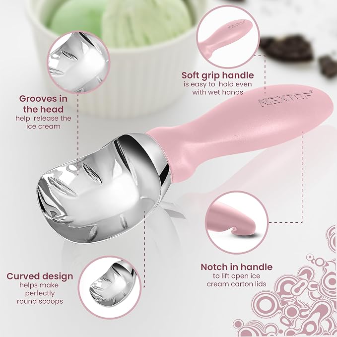 Nextop Ice Cream Scoop with Comfortable Handle - Ergonomic Spoon, Durable Perfect Metal Round Round Scoops Ideal for Ice Cream, Sorbet, Gelato Perfect for Home Use, Kitchen Essential. (Pink)