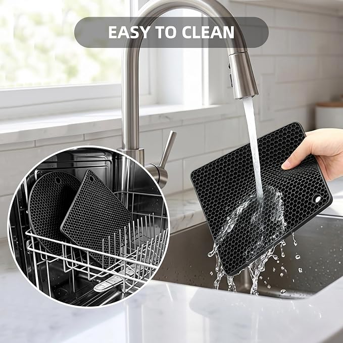 TWTLi Silicone Trivets for Hot Dishes, Set of 4 Trivet Mats, Heat Resistant Hot Pads for Kitchen Countertops, Non-Slip Honeycomb Pot Holders & Counter Protectors for Hot Pots & Pans (Black)