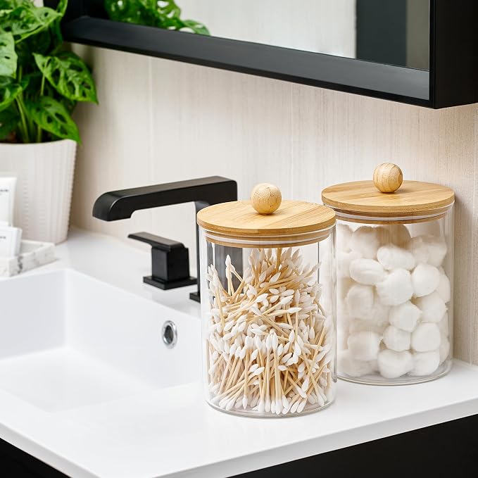 Le'raze Set of 2 Glass Canisters for Kitchen Counter with Airtight Bamboo Lids + Marker & Labels - 68oz. Large Cookie Jars Wooden Lid, Food Storage Containers Pantry, Flour, Sugar, Pasta, Candy.
