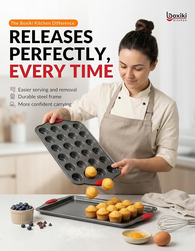 24 Cup Mini Muffin Pan with Silicone Handles | Professional Non-Stick Cupcake Pan for Muffins, Cupcakes, Egg Bites, and More