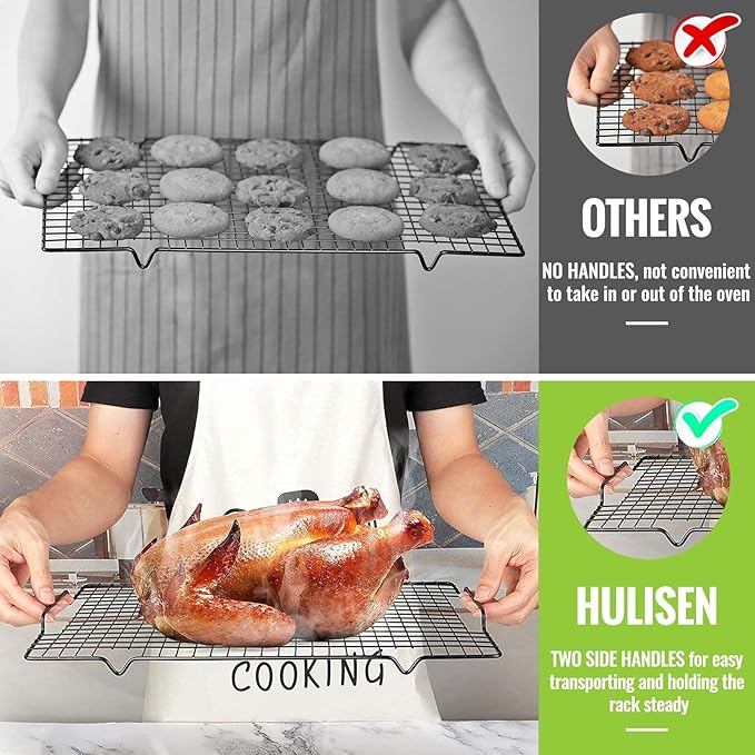 HULISEN Cooling Rack 4-Pack, 16 x 10 Inch Nonstick Baking Rack with Handles | Fits Half Sheet Pan, Oven Safe 500°F, Easy Lift Design for Cookies, Cakes & Baked, Cookie Cooling, Baking, Cooking, Grilling