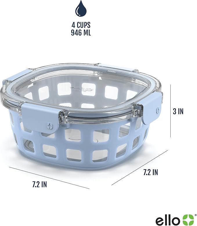 Ello Duraglass 4 Cup Glass Meal Prep Container with Lid, Halogen Blue | 4 cup glass meal prep container with silicone sleeve, leakproof BPA-free lid, microwave, freezer and dishwasher safe