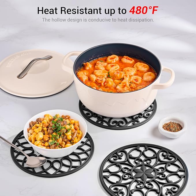 SMARTAKE 3 Set Silicone Trivet Mats for Hot Dishes, Heat Resistant Pots and Pans Holders, Non-Slip Flexible Hot Pads Coasters for Countertops Table, Modern Kitchen Decor Accessories (Black)