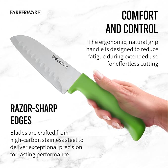 Farberware Chef Knife Set with Colorful Handles, Stainless Steel Blades with Blade Covers Included, Versatile Kitchen Knives, 4-Piece