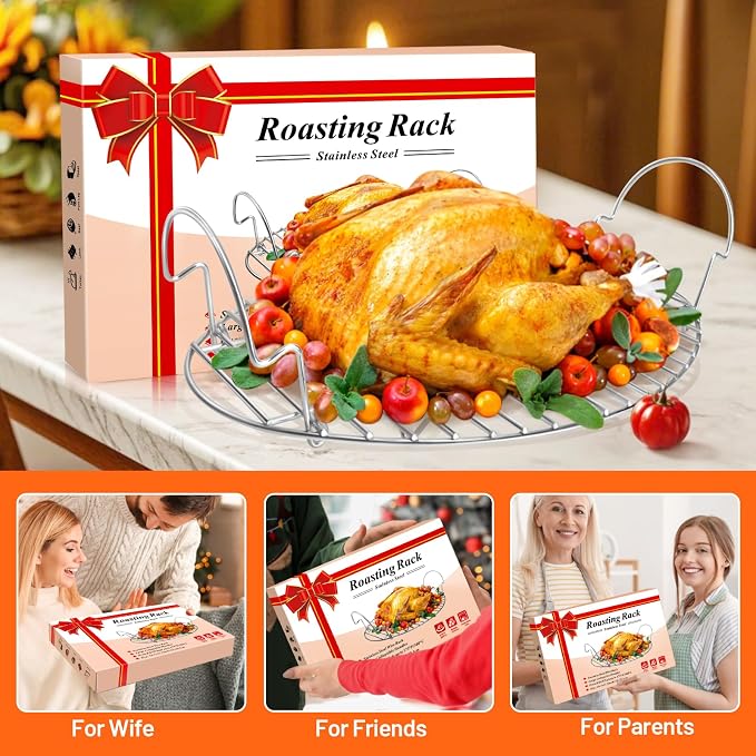 DePango 16.5inch Oval Roasting Rack for Oven, Thanksgiving Christmas Gifts for Mom Men Wife Cooking Home Chefs, Stainless Steel Cooling Rack with Handle, Wire Rack for Cooking, Grilling, Drying