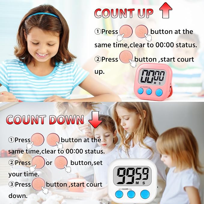 Timer for Kids Teachers Digital Kitchen Timers for Cooking Large Magnetic Classroom Timer 4Pack-White Pink