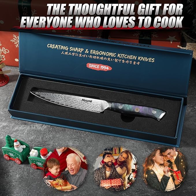 Huusk Japanese Kitchen Utility Knife 5" - Stainless Small Chef Knife with Resin Handle & Sheath, Full Tang Japanese Petty Knives for All Purpose, Sharp Paring Knives for Vegetable & Fruit, Men Gifts